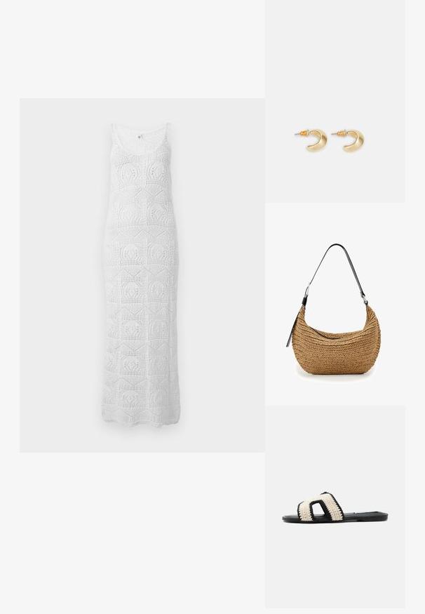 Robe maxi blanche sans manches en crochet avec encolure dégagée et motifs géométriques en dentelle sur toute la surface.; Sandale plate noire avec une large bride crème en crochet présentant une grande découpe et un bord noir.; Petit sac à bandoulière marron tressé avec sangle noire réglable et fermeture éclair, présenté sur fond blanc.; Boucles d'oreilles en forme de croissant en or avec une finition lisse, présentant des accents orange près du clou et un matériel en argent.