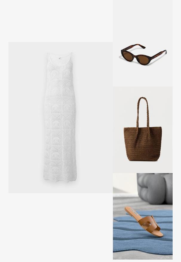 Hvid ærmeløs hækle maxi-kjole med rund halsudskæring og geometriske blondermønstre overalt.; Brun flad slidesandal med udskæringsdesign, lavet af glat materiale. Har en lys tanfarvet sål og en label på indersålen.; Brune skildpadde solbriller med en vintage katteøje-form og brune linser. Har buede arme med røde detaljer.; Brun flettet mulepose med to flettede håndtag, rektangulær krop og åben top, sat op mod en ensfarvet lys baggrund.