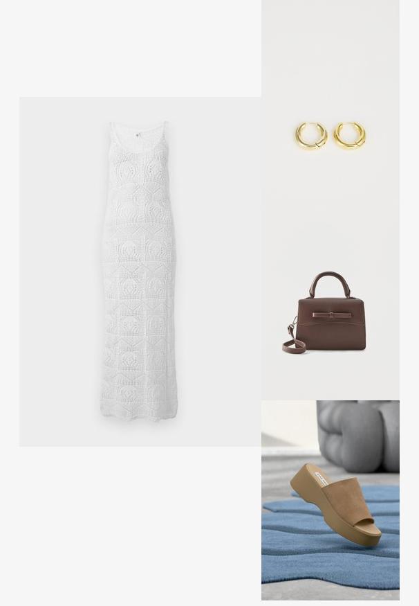 Robe maxi blanche sans manches en crochet avec encolure dégagée et motifs géométriques en dentelle sur toute la surface.; Sandale plateforme beige avec dessus en daim et bout ouvert, posée sur un tapis bleu texturé avec du mobilier capitonné gris en arrière-plan.; Petit sac à main en cuir marron avec poignée supérieure, bandoulière amovible et rabat avant accentué par une bande horizontale en cuir.; Boucles d'oreilles en or avec une surface lisse et réfléchissante, présentant un design arrondi et épais, ainsi qu'une fermeture à charnière pour un port facile.