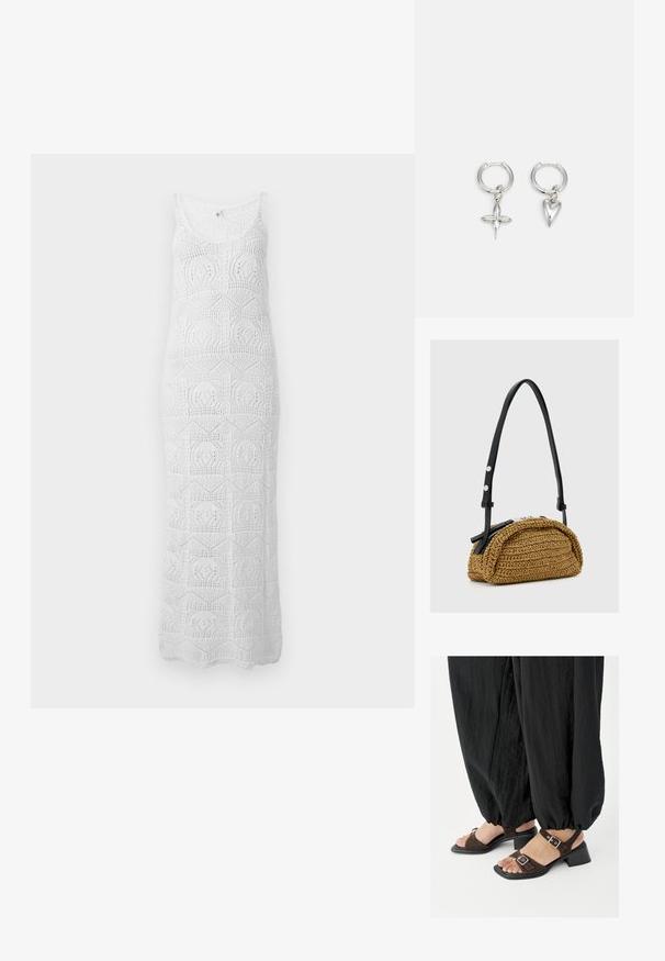 Witte mouwloze gehaakte maxi-jurk met ronde halslijn en geometrische kanten patronen over de hele jurk.; Voeten met bruine suède sandalen met blokhak en zilveren gespen, gecombineerd met losse zwarte omgeslagen broeken op een witte achtergrond.; Kleine tan gevlochten handtas met gebogen vorm, zwarte verstelbare leren band en zilveren ritssluiting.; Zilveren ringoorbellen met een kruis- en hartbedel. Glad, glanzend oppervlak met een gepolijste afwerking. Elke bedel hangt aan een veilige lus.