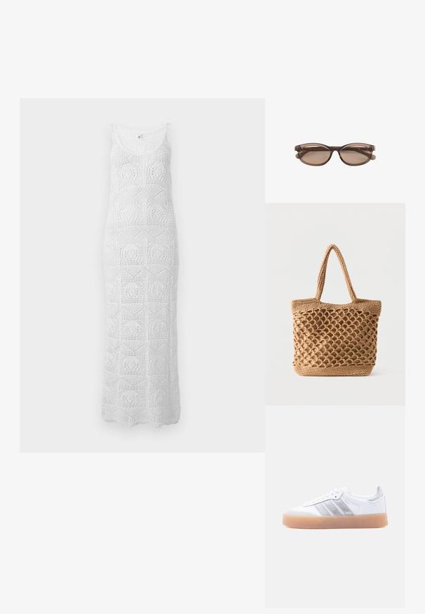Robe maxi blanche sans manches en crochet avec encolure dégagée et motifs géométriques en dentelle sur toute la surface.; Baskets basses blanches avec semelle gomme, accents argentés rayés sur le côté, et fermeture à lacets, présentées sur un fond clair uni.; Lunettes de soleil ovales translucides marron avec verres teintés et branches fines sur fond blanc.; Sac fourre-tout tressé de couleur fauve avec un design ouvert en filet et un fond solide, équipé de deux bretelles pour l'épaule.