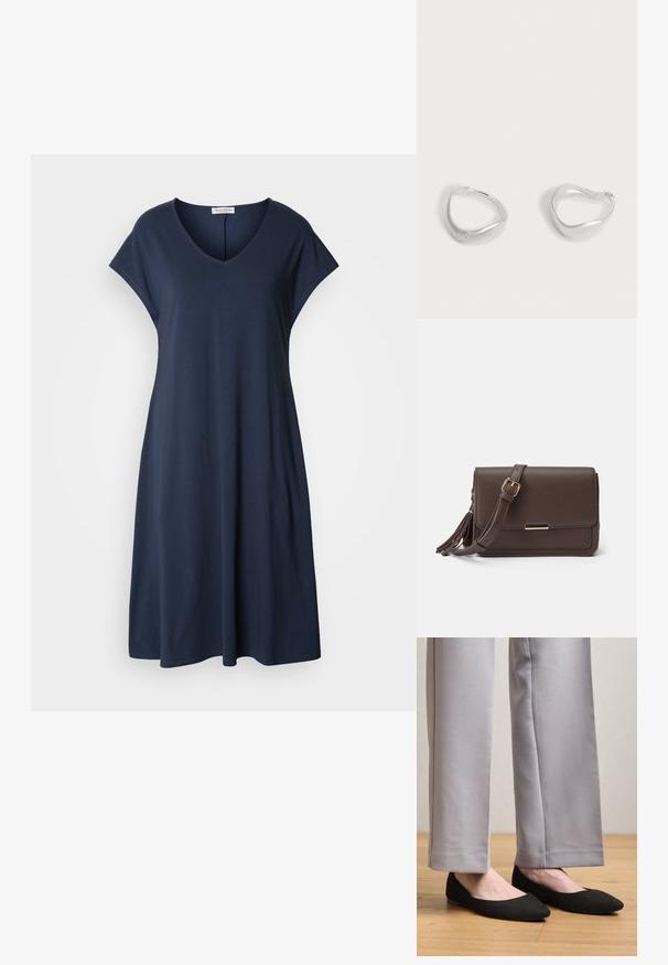 Vestido azul marino de manga corta con escote en V y corte relajado. Fabricado con material suave, presenta una silueta fluida y acentos mínimos.; Zapatos planos de ante negro con diseño de punta puntiaguda, usados con pantalones grises, que presentan una textura simple y lisa y herrajes minimalistas.; Bolso cruzado de imitación cuero marrón con cierre de solapa, herrajes en tono dorado y detalle de borlas en el lateral. Correa ajustable para un uso versátil.; Par de pendientes de aro de tono plateado liso con una forma triangular ligeramente irregular sobre un fondo claro y liso.