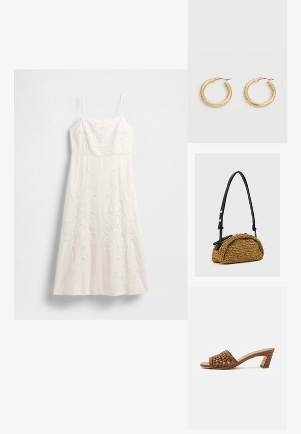 Robe blanche longueur genou avec fines bretelles, broderies florales et détails découpés. Confectionnée dans un tissu léger avec une silhouette fluide.; Mule tissée marron à bout ouvert avec un talon bloc et un design slip-on sur fond blanc uni.; Petit sac à main tressé couleur fauve avec forme incurvée, bandoulière en cuir noir réglable et fermeture éclair argentée.; Paire de boucles d'oreilles épaisses en or brillant avec tiges métalliques sur un fond gris clair.
