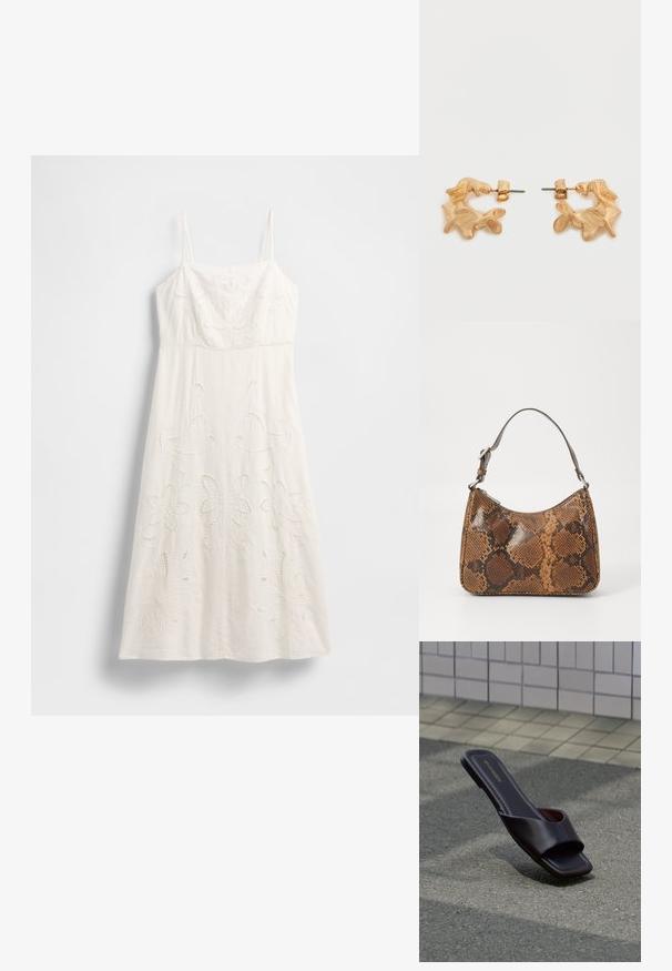 Vestido blanco hasta la rodilla con tirantes finos, bordado floral y detalles recortados. Confeccionado con tela ligera y una silueta fluida.; Sandalia tipo slide de cuero marrón oscuro con punta cuadrada y tiras anchas, descansando sobre asfalto gris cerca de una acera adoquinada.; Pequeño bolso de mano con un patrón de piel de serpiente marrón y negro, correa corta ajustable y cierre de cremallera.; Pendientes de tono dorado con una forma abstracta y orgánica, que presentan una superficie texturizada y un cierre de poste trasero.