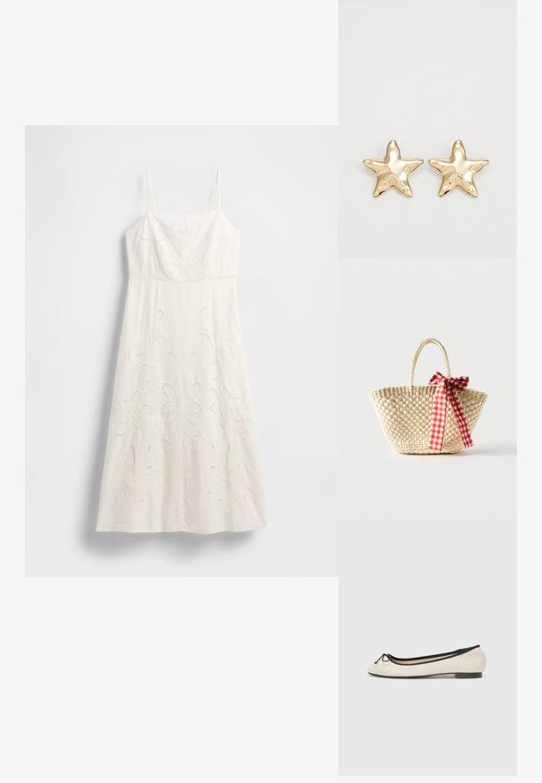 Witte jurk tot op de knie met dunne bandjes, bloemrijke borduursels en opengewerkte details. Gemaakt van lichtgewicht stof met een vloeiende silhouet.; Balletschoen in een beige textiel met een zwarte rand. Heeft een ronde neus en een kleine strikaccent aan de voorkant. Laag profiel zool.; Gevlochten strooien tas met gevlochten handvatten en een rood-wit geruit lint dat aan één zijde in een strik is gebonden.; Gouden stervormige oorbellen met een gladde, glanzende afwerking en een driedimensionaal ontwerp, met vijf punten en een licht gebogen textuur.