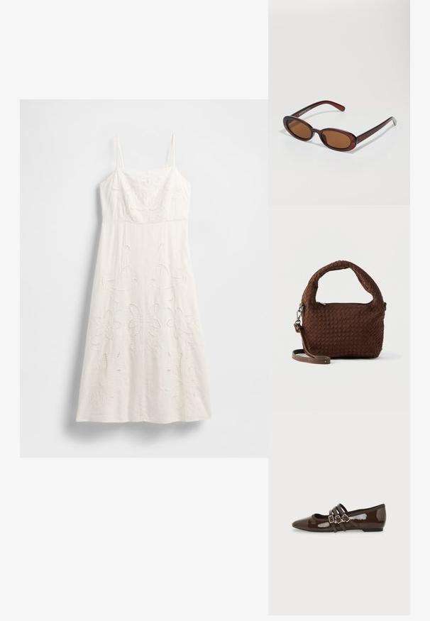 Vestido blanco hasta la rodilla con tirantes finos, bordado floral y detalles recortados. Confeccionado con tela ligera y una silueta fluida.; Zapato plano de charol marrón con punta en forma de pico y tres correas ajustables con hebilla en el lateral, mostrado desde el perfil exterior.; Gafas de sol redondas con tinte marrón y un marco burdeos brillante. Patillas delgadas con un sutil detalle de marca. Diseño de lentes planos.; Bolso tejido marrón con un asa redondeada, herrajes plateados y una correa ajustable. Cuenta con cierre de cremallera y superficie texturizada.