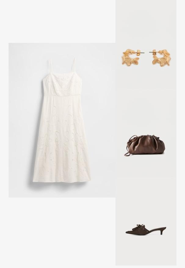 Robe blanche longueur genou avec fines bretelles, broderies florales et détails découpés. Confectionnée dans un tissu léger avec une silhouette fluide.; Mule pointue en daim brun foncé avec un petit talon kitten, pampilles décoratives et détail en dentelle sur fond blanc.; Sacoche en cuir marron doux avec un haut froncé et une fine bandoulière, posée sur un fond blanc.; Boucles d'oreilles dorées avec une forme abstraite et organique, présentant une surface texturée et une fermeture à poussette.
