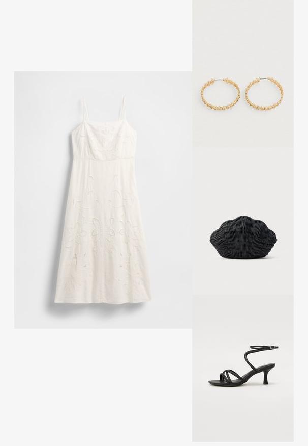 Witte jurk tot op de knie met dunne bandjes, bloemrijke borduursels en opengewerkte details. Gemaakt van lichtgewicht stof met een vloeiende silhouet.; Even&Odd Wide Fit Sandalen - black; Zwarte gevlochten handtas in de vorm van een sint-jakobsschelp met een gebogen bovenkant en een geweven textuur op een effen achtergrond.; Gouden oorringen met een textuurontwerp en kleine, ronde kraaltjes langs de buitenrand. Lichtgewicht met een veilige sluiting.