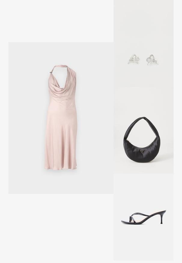 Vestido sin mangas de color rosa con un escote drapeado, tela suave y un pequeño acento en el cuello, que cae en un dobladillo acampanado.; Sandalia de tacón de charol negro con tiras finas cruzadas y un tacón de aguja delgado de altura media, sobre un fondo blanco.; Bolso de satén negro con forma curva, que cuenta con un cierre de cremallera y un logo triangular en metal en la parte delantera. Textura suave y diseño elegante.; Pendientes de plata en forma de corazón con diseños de corazones superpuestos, acabado liso y detalles curvos.