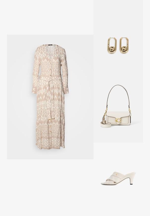 Largo vestido beige con un patrón geométrico blanco, parte delantera con botones, mangas largas y un cinturón de la misma tela en la cintura.; Mules de tacón alto beige con diseño de tira de cuero torcida, punta abierta y detalle de logotipo en relieve. El tacón tiene un detalle en punta negra.; Bolso de mano de cuero crema con un diseño estructurado, bordes negros contrastantes, herrajes dorados y una correa desmontable con un logo distintivo.; BOSS DOUBLE B SWING - Pendientes - gold-coloured