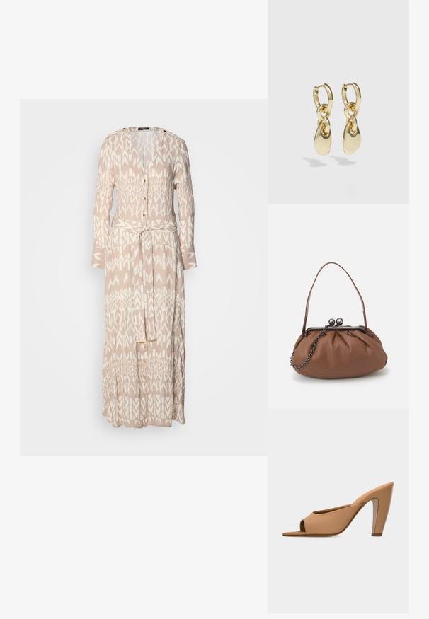 Largo vestido beige con un patrón geométrico blanco, parte delantera con botones, mangas largas y un cinturón de la misma tela en la cintura.; Mule de tacón alto abierto en beige con un acabado liso y un tacón ahusado sobre un fondo claro y liso.; Bolso de cuero marrón con un diseño gather, una asa corta de cuero y una correa de cadena. Presenta un cierre de metal plateado con dos acentos redondos.; Pendientes de aro dorados con un diseño enlazado y acentos en forma de lágrima suaves. El acabado reflectante realza el atractivo visual.