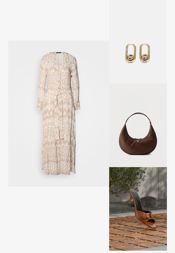Largo vestido beige con un patrón geométrico blanco, parte delantera con botones, mangas largas y un cinturón de la misma tela en la cintura.; Mule marrón de cuero con tacón alto y detalle de hebilla, con la marca “Guess” en la plantilla, colocado sobre azulejos de madera con estampado, con vegetación y fondo de pared de hormigón.; Bolso de mano de cuero marrón en forma de media luna con asa trenzada y sutil logo metálico triangular en el frente.; BOSS DOUBLE B SWING - Pendientes - gold-coloured