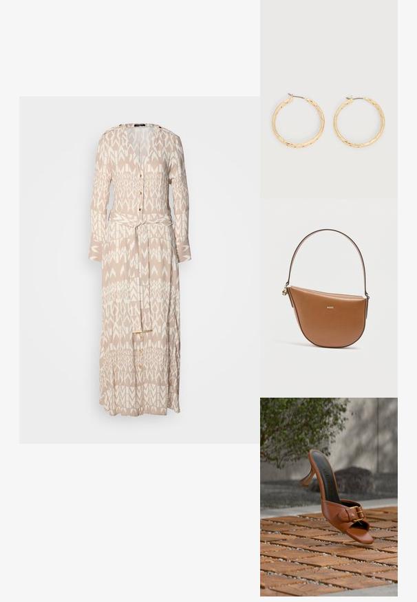 Largo vestido beige con un patrón geométrico blanco, parte delantera con botones, mangas largas y un cinturón de la misma tela en la cintura.; Mule marrón de cuero con tacón alto y detalle de hebilla, con la marca “Guess” en la plantilla, colocado sobre azulejos de madera con estampado, con vegetación y fondo de pared de hormigón.; Bolso media luna de cuero marrón con una única correa, logo BOSS dorado en el frente y pequeño detalle de cremallera dorada en el lateral.; Par de pendientes de aro con textura en tono dorado y postes delgados sobre un fondo blanco.