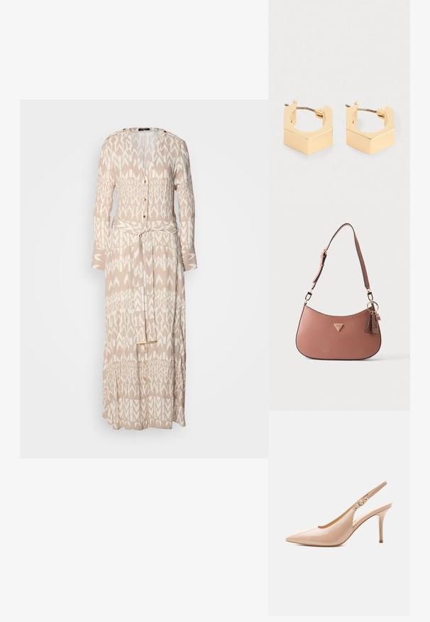 Largo vestido beige con un patrón geométrico blanco, parte delantera con botones, mangas largas y un cinturón de la misma tela en la cintura.; Zapato slingback de tacón alto de piel patentada beige con punta puntiaguda y pequeño detalle de hebilla dorada en la correa.; Bolso de hombro marrón con textura, con correa ajustable, logo triangular de Guess en el frente y dos etiquetas de cuero con marca colgando de un anillo dorado.; Un par de pendientes en forma de aro geométrico pequeño en tono dorado, con bordes angulares y cierres de tipo poste, sobre un fondo claro.