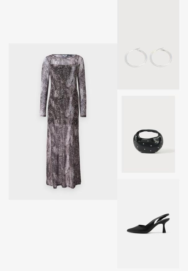 Pikem varrukaga, põrandapikkune kleit käärikujulise mustriga; sisaldab läbipaistvat kangast halli ja musta tooni, millel on ruudukujuline lõige.; Mustad mustamatt slingback kingad terava varbaga, valmistatud siledast nahast. Omab lõikega disaini ja tugevat, kitsenevat kanna.; Mustast nahast ümmarguse kujuga käekott, kaunistatud hõbedaste naeladega, lühikese sangaga. Sile tekstuur ja tõmblukuga sulgemine.; Paari läikiva hõbedase rõngaskujulise kõrvarõngastega, millel on õhukesed traatlukkud, kuvatud heleda halli taustal.