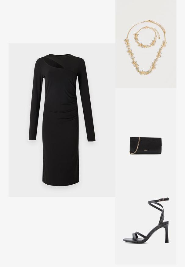 Robe noire à manches longues avec un col rond, présentant un détail d'ouverture sur la poitrine et un tissu froncé sur un côté. Texture lisse.; Sandales à talons hauts noires au design élégant, avec deux fines brides sur les orteils et une bride croisée à la cheville avec une boucle.; Porte-monnaie noir en daim avec une finition texturée, doté d'une chaîne dorée et d'un design épuré et angulaire.; Ensemble collier et bracelet ton or avec motifs floraux et feuilles en cristal clair, tous deux avec fermoirs chaîne réglables sur fond blanc.