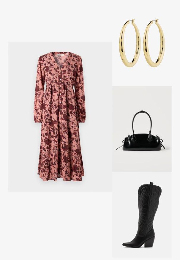Rotes Blumendruckkleid mit langen Ärmeln, V-Ausschnitt, gerafftem Taillenbereich, Knopfleiste und mehrlagigem Rock, der rote und dunkelgrüne Akzente aufweist.; Schwarze kniehohe Stiefel aus Leder mit spitz zulaufender Zehenpartie und gestapeltem Absatz. Verfügt über dekorative Nähte und geschwungene Designelemente.; Kleine schwarze glänzende Handtasche mit zwei langen Griffen und seitlichen Kordelzug-Details vor einfachem hellem Hintergrund.; Goldene Creolen mit einer glatten, polierten Oberfläche. Kreisform, mit einem sicheren Verschluss an der Oberseite. Die Oberfläche reflektiert das Licht.