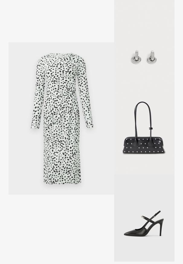 Robe à manches longues présentant une base vert clair avec des motifs à pois noirs. Le tissu est plissé d'un côté, créant de la texture et un intérêt visuel.; Escarpins slingback en cuir noir avec bout pointu, design ajouré et bride ajustable ornée de ferrures métalliques.; Sac à main rectangulaire noir avec de longues doubles poignées et des clous ronds en argent régulièrement espacés sur sa surface.; Paire de petites boucles d'oreilles créoles argentées brillantes avec une base ronde, présentées sur un fond clair uni.