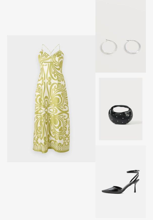 Maxi-jurk in lichtgeel met ingewikkeld donkergeel paisleypatroon, verstelbare spaghettibanden en een vloeiende silhouette.; Zwarte pumps met puntige neus, dunne enkelbandjes en een zilveren gesp op een effen lichte achtergrond.; Zwarte leren handtas met een afgeronde vorm, versierd met zilveren studs, en een korte handgreep. Gladde textuur en ritsluiting.; Zilverkleurige metalen creolen oorbellen met een glad, licht gebogen oppervlak en sluitingen met haaksluiting op een effen witte achtergrond.