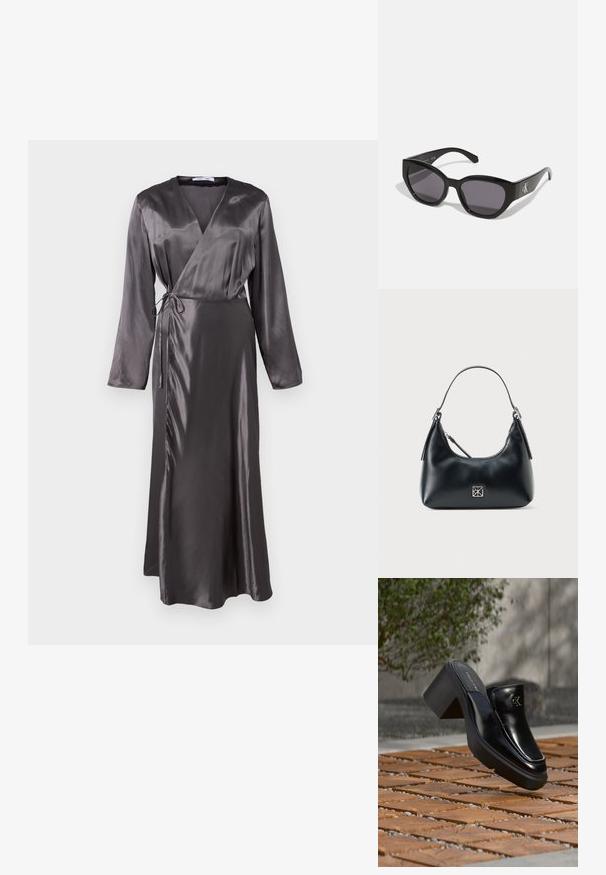 Lange, omsluttende kjole i mørkegrå satin med lange ærmer, bindebånd i taljen og en let udvidet nederdel for en flydende silhuet.; Sort læder Calvin Klein slip-on mule med blokhæl, der hviler på trætøj udendørs nær en grøn plante og en grå væg.; Sorte solbriller med et strømlinet, vinklet design, mørke linser og et kontrasterende sølvlogo på siden. Glat plastoverflade.; Sort læder skuldertaske med et enkelt håndtag, lynlåslukning og et lille kvadratisk sølvlogo på forsiden.