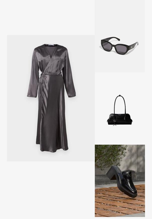 Vestido largo estilo envolvente en satén gris oscuro, con mangas largas, cintura con lazada y un dobladillo ligeramente acampanado para una silueta fluida.; Mule tipo slip-on de cuero negro de Calvin Klein con tacón de bloque descansando sobre baldosas de madera al aire libre cerca de una planta verde y una pared gris.; Gafas de sol negras con un diseño elegante y angular, lentes oscuros y un logo plateado en contraste en el lateral. Textura de plástico suave.; Bolso de hombro negro de cuero con textura de cocodrilo, con correas largas y un pequeño colgante de logo plateado en una correa.