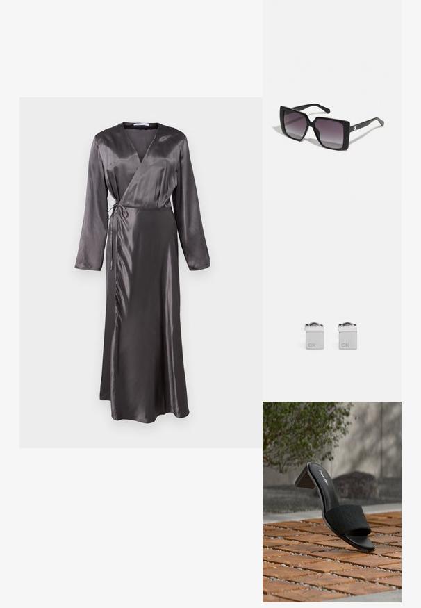 Robe longue style wrap en satin gris foncé, dotée de manches longues, d'une taille à nouer et d'un ourlet légèrement évasé pour une silhouette fluide.; Mule Calvin Klein noire à bout ouvert avec talon bloc sur un sol en carreaux de bois, en extérieur avec un arrière-plan flou de verdure et de béton.; Lunettes de soleil noires carrées avec des verres gris dégradés. Montures brillantes avec des lignes épurées. Accent logo argenté sur les branches.; Boutons de manchette carrés en argent avec une finition polie, présentant les lettres gravées "CK" d'un côté et un détail arrondi sur le dessus.