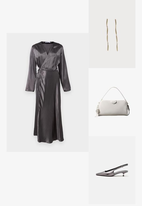 Vestido largo estilo envolvente en satén gris oscuro, con mangas largas, cintura con lazada y un dobladillo ligeramente acampanado para una silueta fluida.; Zapato slingback gris metálico con punta puntiaguda, tacón bajo tipo kitten y correa ajustable sobre fondo blanco.; Bolso rectangular blanco de Calvin Klein con un solo asa, diseño minimalista y borlas decorativas con un charm metálico geométrico en el lateral.; Pendientes largos de oro compuestos por cuatro barras curvadas enlazadas y alargadas sobre un fondo blanco.