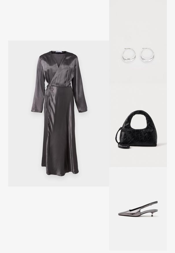 Vestido largo estilo envolvente en satén gris oscuro, con mangas largas, cintura con lazada y un dobladillo ligeramente acampanado para una silueta fluida.; Zapato slingback gris metálico con punta puntiaguda, tacón bajo tipo kitten y correa ajustable sobre fondo blanco.; Bolso de mano de piel negra con un asa curva en la parte superior, un sutil patrón de diamantes y una correa desmontable. La textura es suave con detalles en relieve.; Pendientes de aro de plata con un acabado pulido y la marca DKNY, exhibidos sobre un fondo blanco liso.
