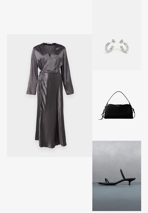 Lange, omsluttende kjole i mørkegrå satin med lange ærmer, bindebånd i taljen og en let udvidet nederdel for en flydende silhuet.; Sort Calvin Klein sandal med hæl og tynde stropper, balancerende på træfliser udendørs nær en væg og grønne planter.; Sort rektangulær Calvin Klein håndtaske med enkelt toprem, sølvlogo vedhæng og lille klaplukning foran.; Sølv metal hoop øreringe med et tekstureret design, der har en lille post bagpå og branding på en af øreringene. Rund form med en poleret overflade.