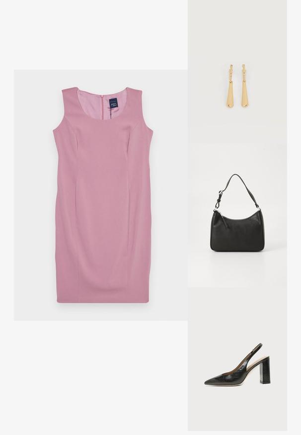 Ærmeløs pink kjole med en glat tekstur, tætsiddende talje og lynlås bagpå. Enkelt design uden mønstre eller udsmykninger.; Sort læder peep-toe slingback sko med høj blokhæl og beige indvendig foring mod en ensfarvet lys baggrund.; Sort læderhåndtaske med en buet form, en enkelt rem, lynlås lukning og diskret branding på forsiden. Glat tekstur, minimalistisk design.; Øreringe i guldfarvet metal med glatte, aflangt dråbeformede vedhæng, der hænger fra små creol-låse på en hvid baggrund.