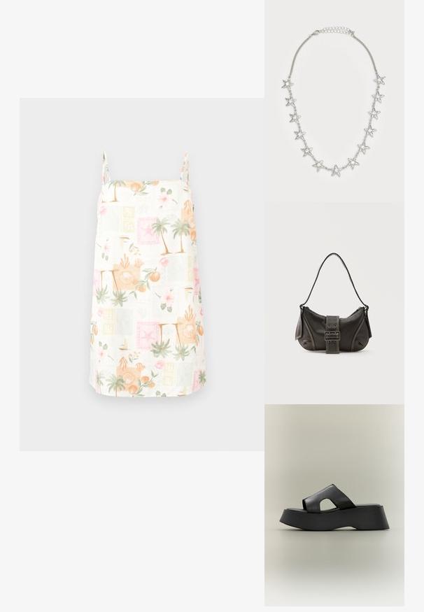 Witte jurk met een tropische print van palmbomen, bloemen, schelpen en zeesterren in pastelkleuren. Verstelbare spaghettibandjes.; Zwarte platform slideslide met dikke zool en brede leren band met uitsparing detail op neutrale achtergrond.; Zwarte leren schoudertas met gespsluiting aan de riem, afgeronde hoeken en contrasterende witte stiksels op een effen achtergrond.; Zilveren ketting met elf stervormige bedels, elk voorzien van een heldere centrale edelsteen, en een verstelbare haaksluiting.