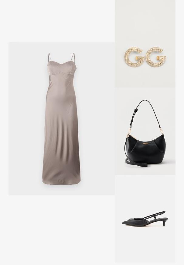 Satin slip kjole i lys taupe, med en tætsiddende bodice og tynde justerbare stropper. Gulvlængde med en glat, skinnende struktur.; Sorte slingback-sko med spids tå, lavet af glat materiale, med en lille hæl og en dekorativ sølvaccent på vamps.; Sort tekstureret læder skuldertaske med guldfarvet lynlås, justerbar rem og guld "GUESS" logo foran i midten.; Guldfarvede øreringe med dobbelt "G" design, pyntet med klare krystaller for tekstur og glans, der skaber en dristig visuel erklæring.