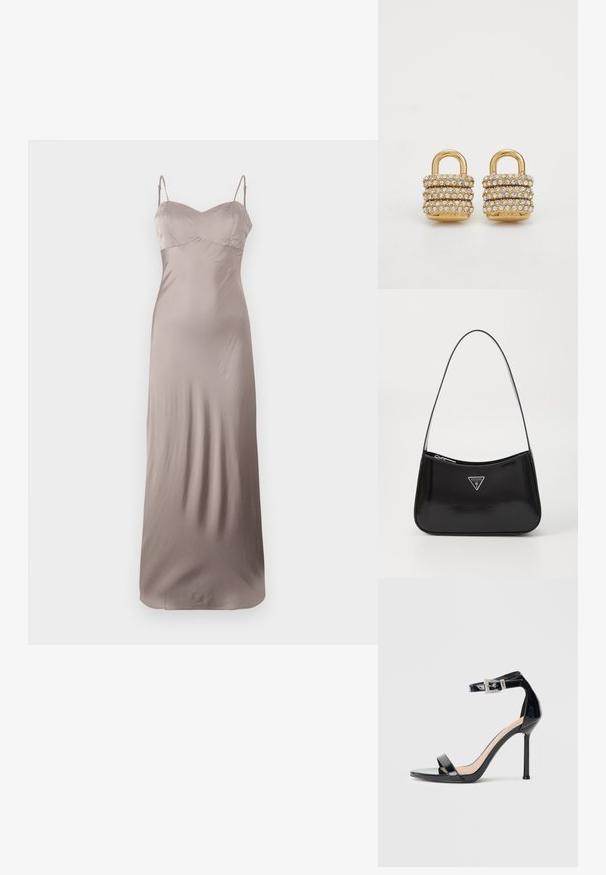 Satin slip kjole i lys taupe, med en tætsiddende bodice og tynde justerbare stropper. Gulvlængde med en glat, skinnende struktur.; Sort højhælet sandal i laklæder med ankelrem. Har minimalistisk design, åben tå og spænde med rhinsten-detaljer.; Sort patenteret læder skuldertaske med en buet form, prydet med et sølvfarvet trekantet logo og en lynlås-lukning. Glat tekstur og slank rem.; Guld hængelås øreringe med flere rækker af klare rhinsten, der har en glat, blank tekstur og et sikkert løbende design øverst.