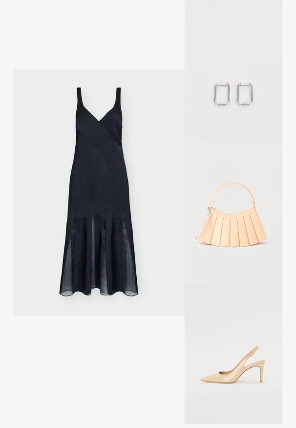 Robe midi noire sans manches avec un col en V, une taille cintrée et des panneaux plissés transparents à l'ourlet pour un effet fluide.; Escarpin slingback en cuir verni nude avec un bout pointu, un décolleté ouvert et un talon aiguille fin. Comprend un accent doré circulaire sur la sangle.; Sac à main plissé beige avec poignée arrondie et bandoulière détachable, présenté sur un fond clair uni.; Boucles d'oreilles en métal argenté en forme de rectangle avec des bords légèrement arrondis, présentant une texture lisse et un design simple et minimaliste.