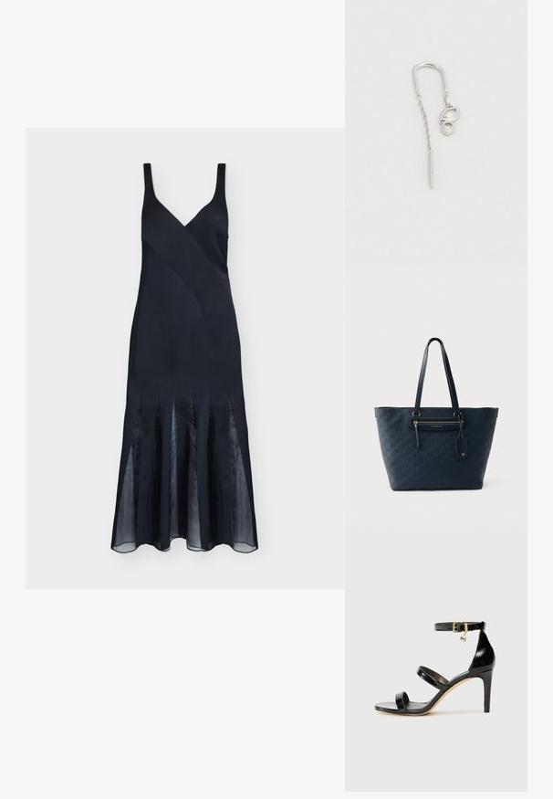 Robe midi noire sans manches avec un col en V, une taille cintrée et des panneaux plissés transparents à l'ourlet pour un effet fluide.; Sandale en cuir verni noir avec trois brides, boucle de cheville et talon aiguille de 10 cm. Présente un détail en métal doré et un charm logo.; Sac cabas bleu marine Michael Kors avec motif de logo embossé, poche zippée à l'avant, longues anses et étiquette en cuir attachée.; Boucle d'oreille en argent avec un design courbé, une chaîne pendante et un accent lisse et arrondi. La surface semble polie et réfléchissante.