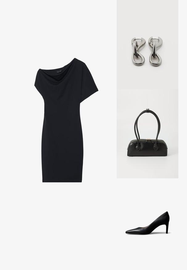 Robe noire avec un col drapé, des manches courtes et une silhouette ajustée. Fabriquée en tissu lisse, avec un design minimaliste.; Escarpin pour femme en cuir noir à bout pointu avec talon moyen, présenté de profil sur un fond blanc.; Sac à main en cuir noir avec deux anses allongées, fermeture éclair et forme arrondie ; texture lisse avec une finition légèrement brillante.; Paire de boucles d'oreilles en métal argenté avec un motif abstrait d'anneaux entrelacés sur fond blanc.