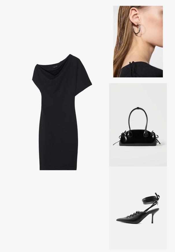 Robe noire avec un col drapé, des manches courtes et une silhouette ajustée. Fabriquée en tissu lisse, avec un design minimaliste.; Chaussure à talon haut noire à bout pointu avec laçage à l'avant et brides enroulées autour de la cheville nouées en nœud, vue de côté sur fond blanc.; Petit sac à main noir brillant avec deux longues anses et des détails à cordon sur les côtés sur un fond clair uni.; Boucle d'oreille en argent avec une finition polie, présentant de petits détails en or et de forme ronde, portée sur le lobe.