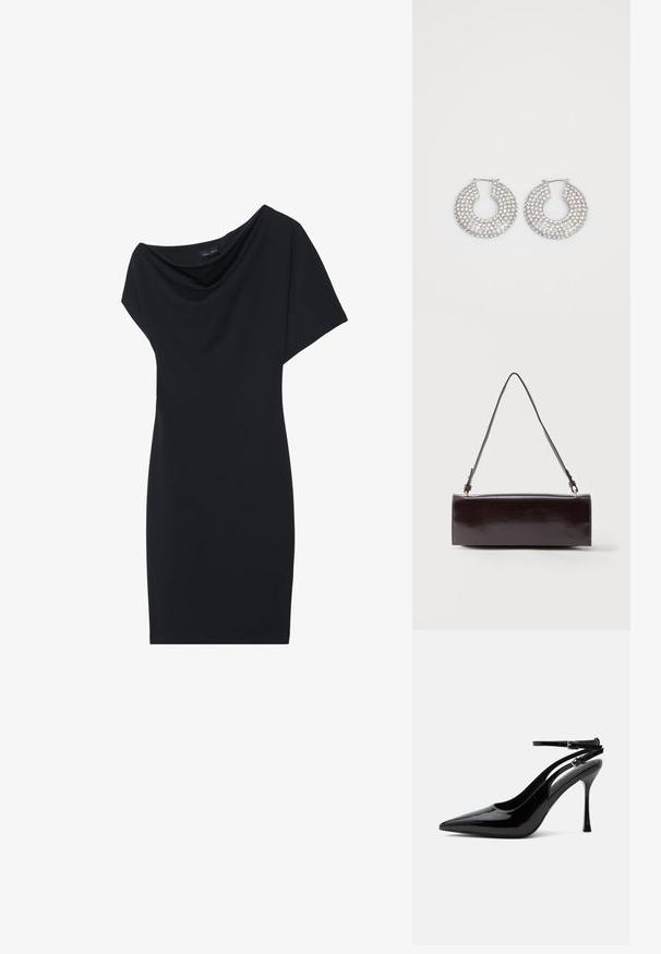 Robe noire avec un col drapé, des manches courtes et une silhouette ajustée. Fabriquée en tissu lisse, avec un design minimaliste.; Escarpin slingback en cuir verni noir à talon haut, bout pointu et doubles brides de cheville avec boucles argentées.; Sac à main rectangulaire en cuir noir avec une longue bandoulière unique et une finition brillante, présenté sur un fond blanc uni.; Boucles d'oreilles en argent en forme de créoles ornées de multiples embellissements en cristal transparent, présentant une surface texturée et un design circulaire ouvert.