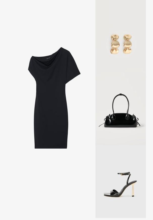 Robe noire avec un col drapé, des manches courtes et une silhouette ajustée. Fabriquée en tissu lisse, avec un design minimaliste.; ALDO ILLUSTRIOUS - Sandales à talons hauts - black; Petit sac à main noir brillant avec deux longues anses et des détails à cordon sur les côtés sur un fond clair uni.; Boucles d’oreilles pendantes ton or avec trois segments irréguliers, lisses et arrondis empilés verticalement sur un fond clair uni.