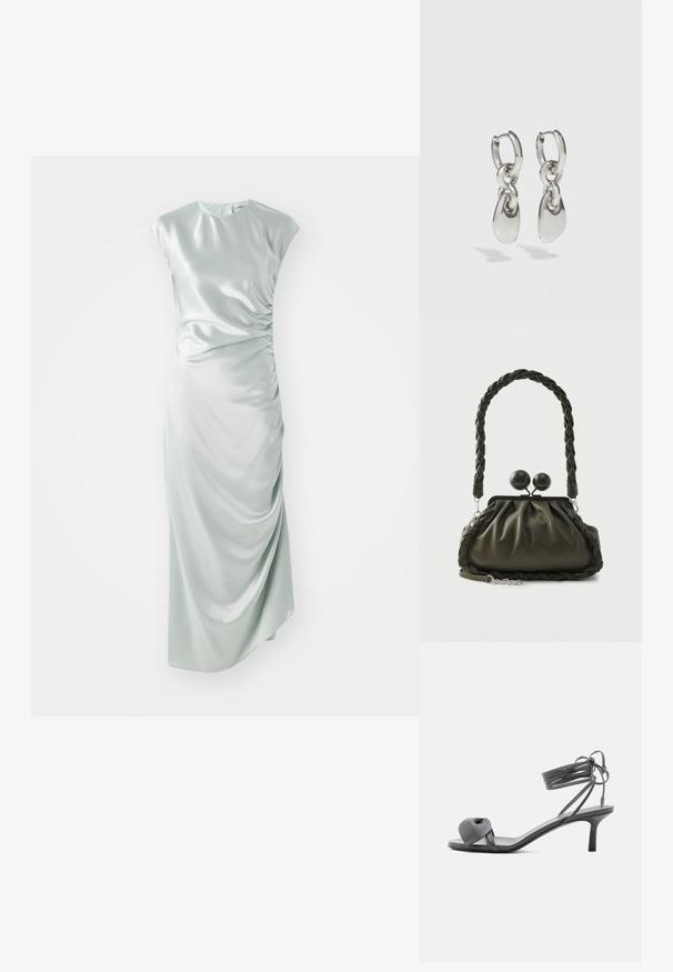 Robe midi en satin de couleur vert clair, présentant des manches courtes, un col rond, des détails de fronces sur les côtés et une silhouette ajustée.; Sandale à talon en cuir gris avec une bride nouée sur les orteils et des lacets enroulants autour de la cheville, sur un talon moyen et fin, sur fond blanc.; Sac à main en cuir vert olive avec poignée tressée et ferrures argentées, présentant un design froncé et des détails de fermoirs ronds sur le dessus.; Boucles d'oreilles en argent avec des maillons ovales allongés, présentant une finition polie et un pendentif tombant texturé. Design simple avec des bords lisses.