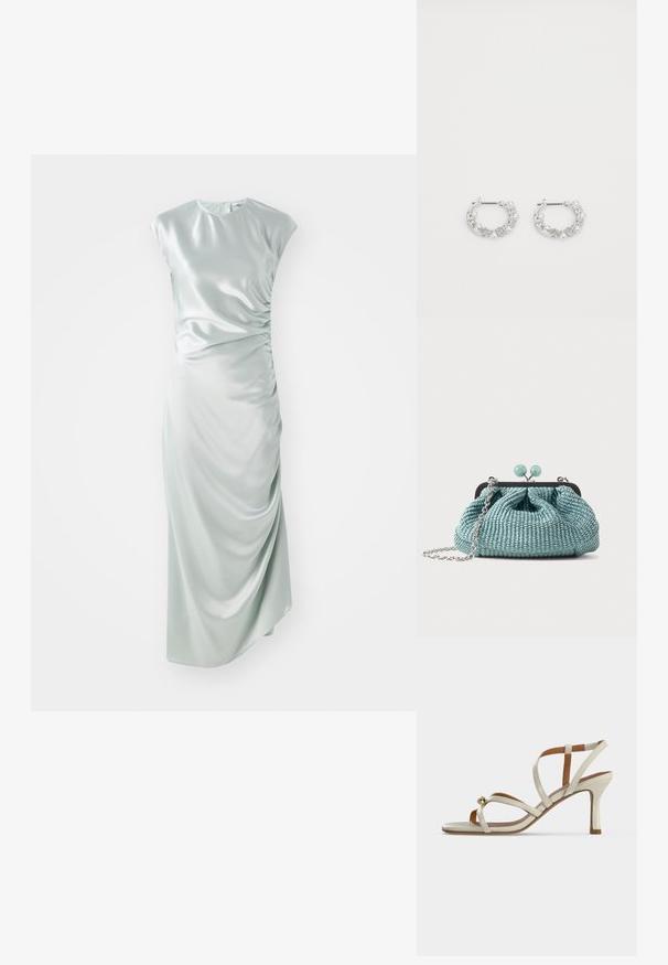 Satin midi kjole i lys grøn, med korte ærmer, rund halsudskæring, sidefoldedetaljer og en tætsiddende silhuet.; Beige hæl-sandal med tynde stropper, der krydser over foden, og en lille gylden dekorativ kugle nær tåområdet.; Lille lyseblå vævet clutchtaske med en sølvkæde og rund lukning på toppen.; Sølv hoop øreringe med perle- og krystalaccentuer, der har en tekstureret overflade og en sikker stiftlukning.