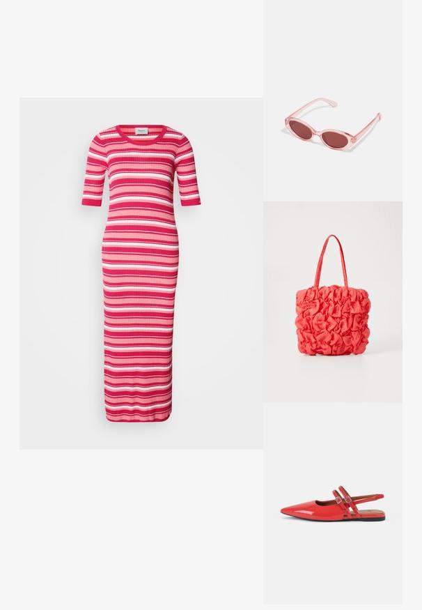 Robe maxi en maille côtelée à manches courtes, avec des rayures horizontales roses, rouges et blanches. Encolure arrondie et silhouette ajustée.; Ballerines slingback en cuir verni rouge avec un bout pointu, dotées de deux fines lanières croisées et d'un design minimaliste. Semelle plate noire.; Lunettes de soleil transparentes roses avec des verres ovales, teintés d'un rouge foncé, et des branches fines, présentant une finition lisse et des détails subtils sur la monture.; Sac fourre-tout corail avec un design texturé et froncé. Fabriqué en tissu doux, il dispose de deux poignées robustes et d'un intérieur spacieux.