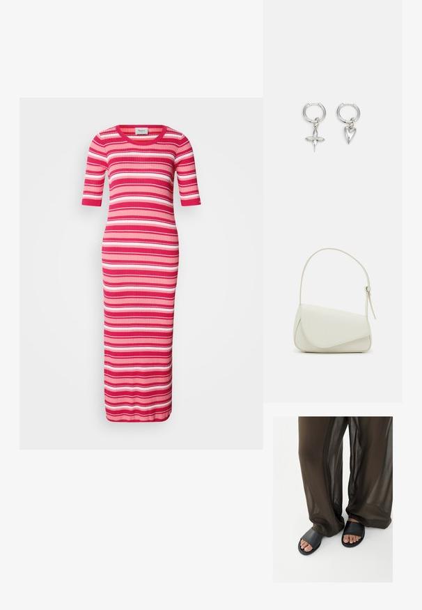 Robe maxi en maille côtelée à manches courtes, avec des rayures horizontales roses, rouges et blanches. Encolure arrondie et silhouette ajustée.; Pieds en sandales slides noires associés à un pantalon marron fluide et transparent sur un fond blanc uni.; Sac à main en cuir synthétique blanc avec une forme triangulaire structurée, une bandoulière unique réglable et un rabat à courbes accentuées.; Boucles d'oreilles en argent en forme de cerceau avec un charme croix et cœur. Texture lisse et brillante avec une finition polie. Chaque charmepend d'une boucle sécurisée.