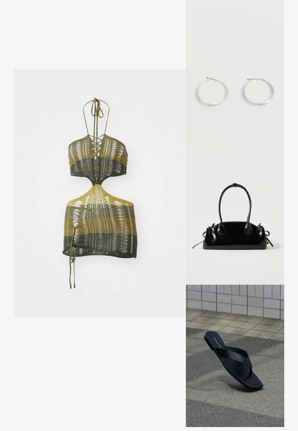 Top corto de punto en verde oliva y amarillo, con escote en V, espalda descubierta y cierres de lazo trenzados. Hecho de hilo liviano con un diseño texturizado.; Sandalia negra tipo tanga con punta cuadrada y nombre de la marca en la plantilla, colocada en posición vertical sobre pavimento texturizado cerca de una pared con azulejos.; Pequeño bolso negro brillante con dos asas largas y detalles de cordón lateral sobre un fondo claro liso.; Pendientes de aro de metal plateado con superficie lisa y ligeramente curvada y cierre de tipo mosquetón sobre un fondo blanco liso.