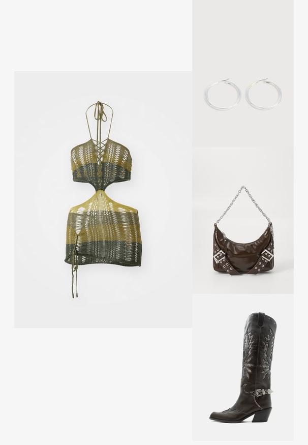 Top corto de punto en verde oliva y amarillo, con escote en V, espalda descubierta y cierres de lazo trenzados. Hecho de hilo liviano con un diseño texturizado.; Bota cowboy de cuero negro con recortes decorativos, hebilla plateada y tacón inclinado, presentada sobre fondo blanco.; Bolso de mano de cuero patentado marrón oscuro con cadena plateada, cinturones decorativos de doble hebilla y cierre de cremallera.; Pareja de pendientes de aro plateados brillantes con cierres de alambre delgado, mostrados sobre un fondo gris claro.