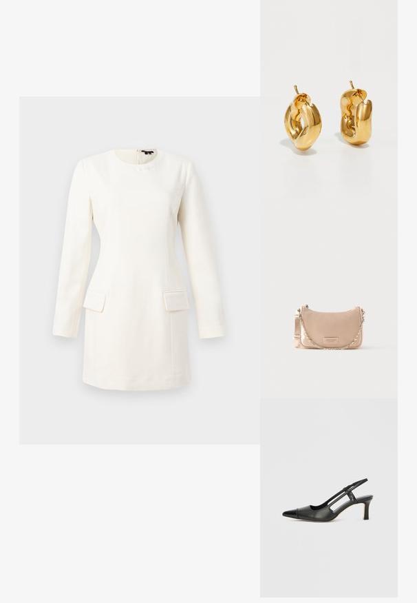 Hvid langærmet kjole med rund halsudskæring, tætsiddende silhuet, to forlommer og et subtilt præg af logo nær halsen. Glat stoftekstur.; Sort læder slingback-sko med spids tå, der har en blank accent på tåhætten og en mellemhøj hæl. Åben sidesektion.; Bleg lyserød håndtaske med en buet silhuet, glat lædermateriale og en kæderem. Har en logo-patch på fronten.; Chunky guld hoop øreringe med et let snoet, rørformet design og postsystem bagpå, på en hvid baggrund.