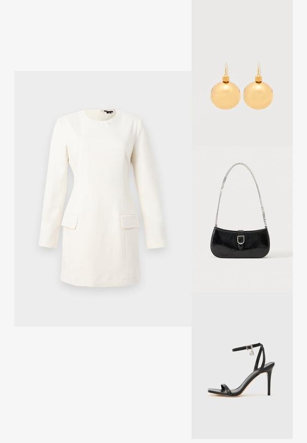 Vestido blanco de manga larga con escote redondo, silueta ajustada, dos bolsillos frontales y un sutil logo grabado cerca del cuello. Textura de tela suave.; Sandalia de tacón alto negra con una estrecha correa en el tobillo, punta cuadrada, material de cuero liso y detalle de hebilla metálica.; Bolso de hombro de charol negro con detalle de hebilla plateada y correa de cadena plateada, presentado sobre un fondo liso y claro.; Par de pendientes de bola navideña dorados brillantes con cierre de gancho sobre un fondo blanco liso.