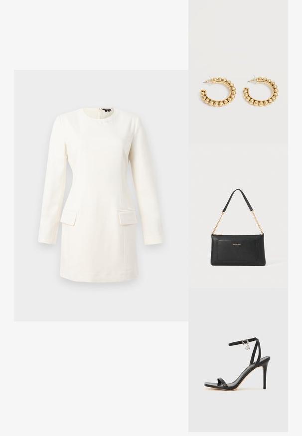 Weißes Langarmkleid mit rundem Halsausschnitt, taillierter Silhouette, zwei vorderen Taschen und einem dezent geprägten Logo am Hals. Sanfte Stofftextur.; Schwarze High-Heel-Sandale mit schmalem Knöchelriemen, quadratischer Zehenbox, glattem Leder und metallischem Schnallenakzent.; Schwarze Ledertasche mit einer Kieseloberfläche, goldener Kettenriemen und einer Fronttasche. Auf der Vorderseite befindet sich ein goldenes Logo.; Paar goldfarbene Creolen mit abgerundeten Perlendetails entlang des äußeren Randes auf hellem Hintergrund.