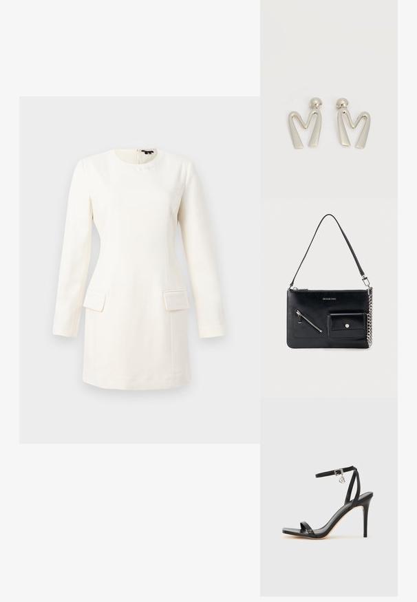 Robe blanche à manches longues avec un col rond, silhouette ajustée, deux poches avant et un logo en relief subtil près du cou. Texture de tissu lisse.; Sandale à talon haut noire avec une bride étroite à la cheville, bout carré, cuir lisse et accent de boucle métallique.; Sac à bandoulière en cuir noir Michael Kors avec fermeture éclair supérieure, poche avant zippée en diagonale, poche à rabat avec bouton-pression et détail en chaîne argentée.; Paire de boucles d'oreilles en métal argenté en forme de lettre M angulaire avec des tiges arrondies sur fond blanc.
