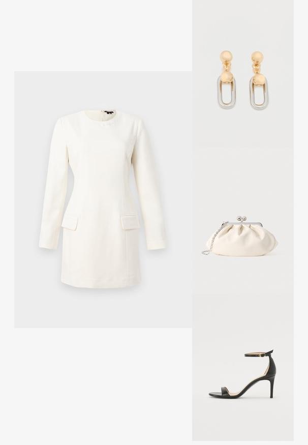 Robe blanche à manches longues avec un col rond, silhouette ajustée, deux poches avant et un logo en relief subtil près du cou. Texture de tissu lisse.; Sandale à talons hauts en cuir noir avec une lanière de cheville. Présente une texture lisse, un bout ouvert et un talon fin. Détail de boucle en ton doré.; Pochette en tissu crème avec un design froncé, cadre en métal argenté, deux boules décoratives, et une bandoulière chaîne argentée.; Boucles d'oreilles en or et argent avec un dessus sphérique et un élément pendant ovale allongé à finition brillante.